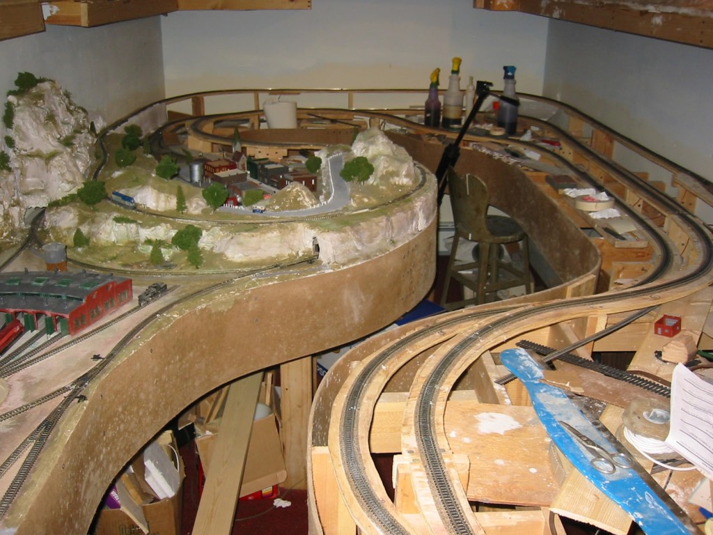 N Scale basement layout with multiple levels.